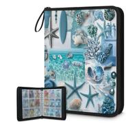 Mexpekil Carpeta de tarjetas de concha de estrella de mar azul, 9 bolsillos con 50 páginas de carga lateral, carpeta de colección de tarjetas para 900 tarjetas, con cremallera, álbum de tarjetas