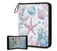 Mexpekil Carpeta de tarjetas de concha de estrella de mar de algas marinas, 9 bolsillos con 50 páginas de carga lateral, carpeta de colección de tarjetas para 900 tarjetas, con cremallera, álbum de