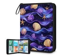 Mexpekil Carpeta de tarjetas de estrella de mar de concha morada, 4 bolsillos con 50 páginas de carga lateral, carpeta de colección de tarjetas para 400 tarjetas, con cremallera, álbum de tarjetas