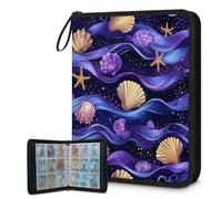 Mexpekil Carpeta de tarjetas de estrella de mar de concha morada, 9 bolsillos con 50 páginas de carga lateral, carpeta de colección de tarjetas para 900 tarjetas, con cremallera, álbum de tarjetas