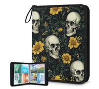 Mexpekil Carpeta de tarjetas de flores amarillas de calavera con 4 bolsillos con 50 páginas de carga lateral, carpeta de colección de tarjetas para 400 tarjetas, con cremallera, álbum de tarjetas