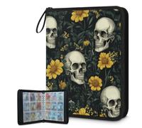 Mexpekil Carpeta de tarjetas de flores amarillas de calavera con 9 bolsillos con 50 páginas de carga lateral, carpeta de colección de tarjetas para 900 tarjetas, con cremallera, álbum de tarjetas