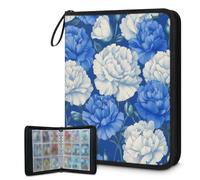 Mexpekil Carpeta de tarjetas de flores blancas y azules, 9 bolsillos con 50 páginas de carga lateral, carpeta de colección de tarjetas para 900 tarjetas, con cremallera, álbum de tarjetas