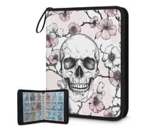 Mexpekil Carpeta de tarjetas de flores con cabeza de calavera, 9 bolsillos con 50 páginas de carga lateral, carpeta de colección de tarjetas para 900 tarjetas con cremallera, álbum de tarjetas