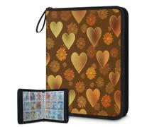 Mexpekil Carpeta de tarjetas de flores con corazones dorados, 9 bolsillos con 50 páginas de carga lateral, carpeta de colección de tarjetas para 900 tarjetas, con cremallera, álbum de tarjetas