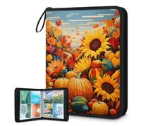 Mexpekil Carpeta de tarjetas de flores de calabaza otoñal con 4 bolsillos con 50 páginas de carga lateral, carpeta de colección de tarjetas para 400 tarjetas con cremallera, álbum de tarjetas