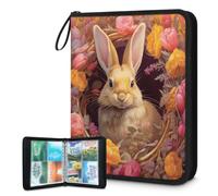 Mexpekil Carpeta de tarjetas de flores de conejo de Pascua, 4 bolsillos con 50 páginas de carga lateral, carpeta de colección de tarjetas para 400 tarjetas, con cremallera, álbum de tarjetas