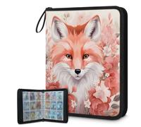Mexpekil Carpeta de tarjetas de flores de zorro rosa con 9 bolsillos con 50 páginas de carga lateral, carpeta de colección de tarjetas para 900 tarjetas con cremallera, álbum de tarjetas