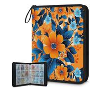 Mexpekil Carpeta de tarjetas de flores naranjas y azules, 9 bolsillos con 50 páginas de carga lateral, carpeta de colección de tarjetas para 900 tarjetas, con cremallera, álbum de tarjetas