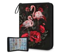 Mexpekil Carpeta de tarjetas de flores rojas de flamenco, 9 bolsillos con 50 páginas de carga lateral, carpeta de colección de tarjetas para 900 tarjetas, con cremallera, álbum de tarjetas