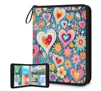 Mexpekil Carpeta de tarjetas de flores y corazones coloridos, 4 bolsillos con 50 páginas de carga lateral, carpeta de colección de tarjetas para 400 tarjetas, con cremallera, álbum de tarjetas