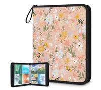 Mexpekil Carpeta de tarjetas de hojas florales rosas con 4 bolsillos con 50 páginas de carga lateral, carpeta de colección de tarjetas para 400 tarjetas, con cremallera, álbum de tarjetas