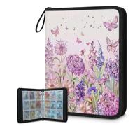 Mexpekil Carpeta de tarjetas de mariposa con flores moradas de primavera, 9 bolsillos con 50 páginas de carga lateral, carpeta de colección de tarjetas para 900 tarjetas, con cremallera, álbum de