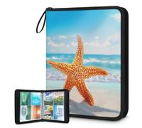 Mexpekil Carpeta de tarjetas de playa de estrellas de mar, 4 bolsillos con 50 páginas de carga lateral, carpeta de colección de tarjetas para 400 tarjetas con cremallera, álbum de tarjetas