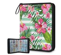 Mexpekil Carpeta de tarjetas de rayas de flores tropicales, 9 bolsillos con 50 páginas de carga lateral, carpeta de colección de tarjetas para 900 tarjetas con cremallera, álbum de tarjetas
