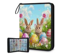 Mexpekil Carpeta de tarjetas florales de conejitos coloridos con 9 bolsillos con 50 páginas de carga lateral, carpeta de colección de tarjetas para 900 tarjetas, con cremallera, álbum de tarjetas