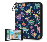 Mexpekil Carpeta de tarjetas florales de dinosaurios coloridos, 4 bolsillos con 50 páginas de carga lateral, carpeta de colección de tarjetas para 400 tarjetas, con cremallera, álbum de tarjetas