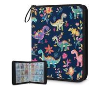 Mexpekil Carpeta de tarjetas florales de dinosaurios coloridos, 9 bolsillos con 50 páginas de carga lateral, carpeta de colección de tarjetas para 900 tarjetas, con cremallera, álbum de tarjetas