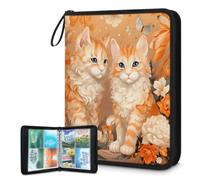 Mexpekil Carpeta de tarjetas florales de gatos naranjas, 4 bolsillos con 50 páginas de carga lateral, carpeta de colección de tarjetas para 400 tarjetas con cremallera, álbum de tarjetas