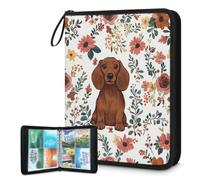 Mexpekil Carpeta de tarjetas florales de perro marrón, 4 bolsillos con 50 páginas de carga lateral, carpeta de colección de tarjetas para 400 tarjetas, con cremallera, álbum de tarjetas