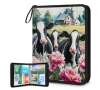 Mexpekil Carpeta de tarjetas florales de vacas de granja, 4 bolsillos con 50 páginas de carga lateral, carpeta de colección de tarjetas para 400 tarjetas, con cremallera, álbum de tarjetas