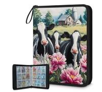 Mexpekil Carpeta de tarjetas florales de vacas de granja, 9 bolsillos con 50 páginas de carga lateral, carpeta de colección de tarjetas para 900 tarjetas, con cremallera, álbum de tarjetas