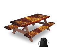 Mexpekil Christmas GoldenTree - 3 fundas de mesa de picnic con fundas de banco, mantel elástico ajustable para exteriores con bolsa de cordón, impermeable, resistente al viento, para jardín, camping