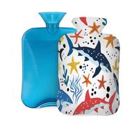 Mexpekil Colorida botella de agua caliente con diseño de tiburón de mar con funda, bolsa de agua caliente de PVC de 2 litros para aliviar el dolor, pies, espalda, calor