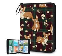 Mexpekil Corgis - Carpeta de tarjetas a cuadros florales con 4 bolsillos con 50 páginas de carga lateral, carpeta de colección de tarjetas para 400 tarjetas, con cremallera, álbum de tarjetas