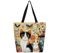 Mexpekil Encantadora bolsa de lona con diseño de gatos florales bohemios para mujeres y niñas, bolsas de compras reutilizables grandes para mujer, bolso de hombro multiusos