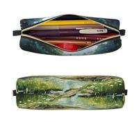 Mexpekil Estuche de cuero para niñas y niños, organizador de bolígrafos pequeños, con cremallera, bolsa delgada multiusos para suministros escolares, niños y adultos, Paisaje del bosque del río, Talla