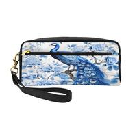 Mexpekil Estuche de viaje para lápices con diseño floral de pavo real azul, bolsa de maquillaje para bolígrafos, bolsa de piel para cosméticos, brochas de maquillaje, caja de papelería para niños