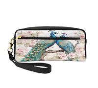 Mexpekil Estuche de viaje para lápices, diseño de flores de pavo real, pájaros, bolsa de maquillaje para bolígrafos, bolsa de piel para cosméticos, brochas de maquillaje, caja de papelería para niños