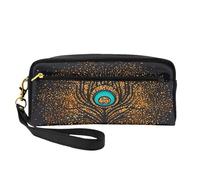 Mexpekil Estuche dorado brillante de plumas de pavo real, estuche de maquillaje vintage de viaje, bolsa de maquillaje para bolígrafos, bolsa de piel para cosméticos, brochas de maquillaje, caja de
