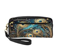 Mexpekil Estuche dorado con plumas de pavo real para lápices, estuche de viaje para maquillaje, bolsa para bolígrafos, bolsa de piel para cosméticos, brochas de maquillaje, caja de papelería para
