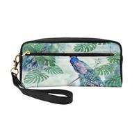 Mexpekil Estuche para lápices de hojas tropicales de pavo real, bolsa de maquillaje de viaje, bolsa para bolígrafos, bolsa de piel para cosméticos, brochas de maquillaje, caja de papelería para niños