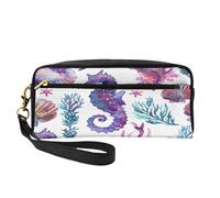 Mexpekil Estuche para lápices, diseño de caballito de mar con conchas marinas, diseño de estrella de mar, bolsa de viaje, bolsa de maquillaje, bolsa de cuero, bolsa de maquillaje, estuche de papelería