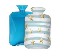 Mexpekil Golden Stars - Bolsa de agua caliente con tapa, diseño de rayas azules claras, bolsa de agua caliente de PVC de 2 litros para aliviar el dolor, pies, espalda, calor