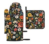 Mexpekil Guantes de horno resistentes al calor y soporte para ollas, juego de 3 guantes de cocina impermeables y almohadilla caliente para cocinar, hornear, asar a la parrilla, barbacoa