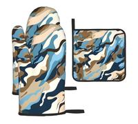 Mexpekil Guantes de horno resistentes al calor y soporte para ollas, juego de 3 guantes de cocina impermeables de camuflaje abstracto y almohadilla caliente para cocinar, hornear, asar a la parrilla