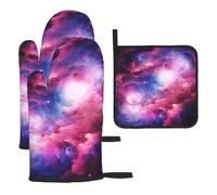 Mexpekil Guantes de horno resistentes al calor y soporte para ollas, juego de 3 guantes de cocina impermeables 3D Magical Nebula y almohadilla caliente para cocinar, hornear, asar a la parrilla
