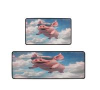 Mexpekil Juego de 2 tapetes de cocina con diseño de cerdito volador con lentes de sol To The Sky, antideslizantes, de espuma viscoelástica, para fregadero de lavandería, 17 x 47 pulgadas + 17 x 29