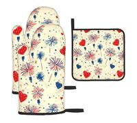 Mexpekil Juego de 3 guantes de horno resistentes al calor y soporte para ollas, 4 de julio, guantes de cocina impermeables y almohadilla caliente para cocinar, hornear, asar a la parrilla, barbacoa