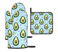 Mexpekil Juego de 3 guantes de horno resistentes al calor y soporte para ollas, aguacates con corazones, guantes de cocina impermeables y almohadilla caliente para cocinar, hornear, asar a la parrilla