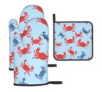Mexpekil Juego de 3 guantes de horno resistentes al calor y soporte para ollas, cangrejos rojos y azules, guantes de cocina impermeables y almohadilla caliente para cocinar, hornear, asar a la