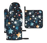 Mexpekil Juego de 3 guantes de horno resistentes al calor y soporte para ollas, color azul, impermeables, guantes de cocina y almohadilla caliente para cocinar, hornear, asar a la parrilla, barbacoa