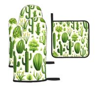 Mexpekil Juego de 3 guantes de horno resistentes al calor y soporte para ollas, color verde cactus, impermeables, guantes de cocina y almohadilla caliente para cocinar, hornear, asar a la parrilla