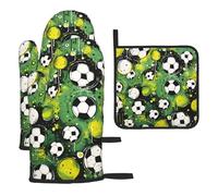 Mexpekil Juego de 3 guantes de horno resistentes al calor y soporte para ollas, color verde fútbol, impermeables, guantes de cocina y almohadilla caliente para cocinar, hornear, asar a la parrilla