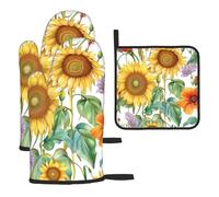 Mexpekil Juego de 3 guantes de horno resistentes al calor y soporte para ollas, con patrón de amapola, impermeables, guantes de cocina y almohadilla caliente para cocinar, hornear, asar a la parrilla