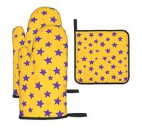 Mexpekil Juego de 3 guantes de horno resistentes al calor y soporte para ollas, con patrón de estrellas moradas, impermeables, guantes de cocina y almohadilla caliente para cocinar, hornear, asar a la